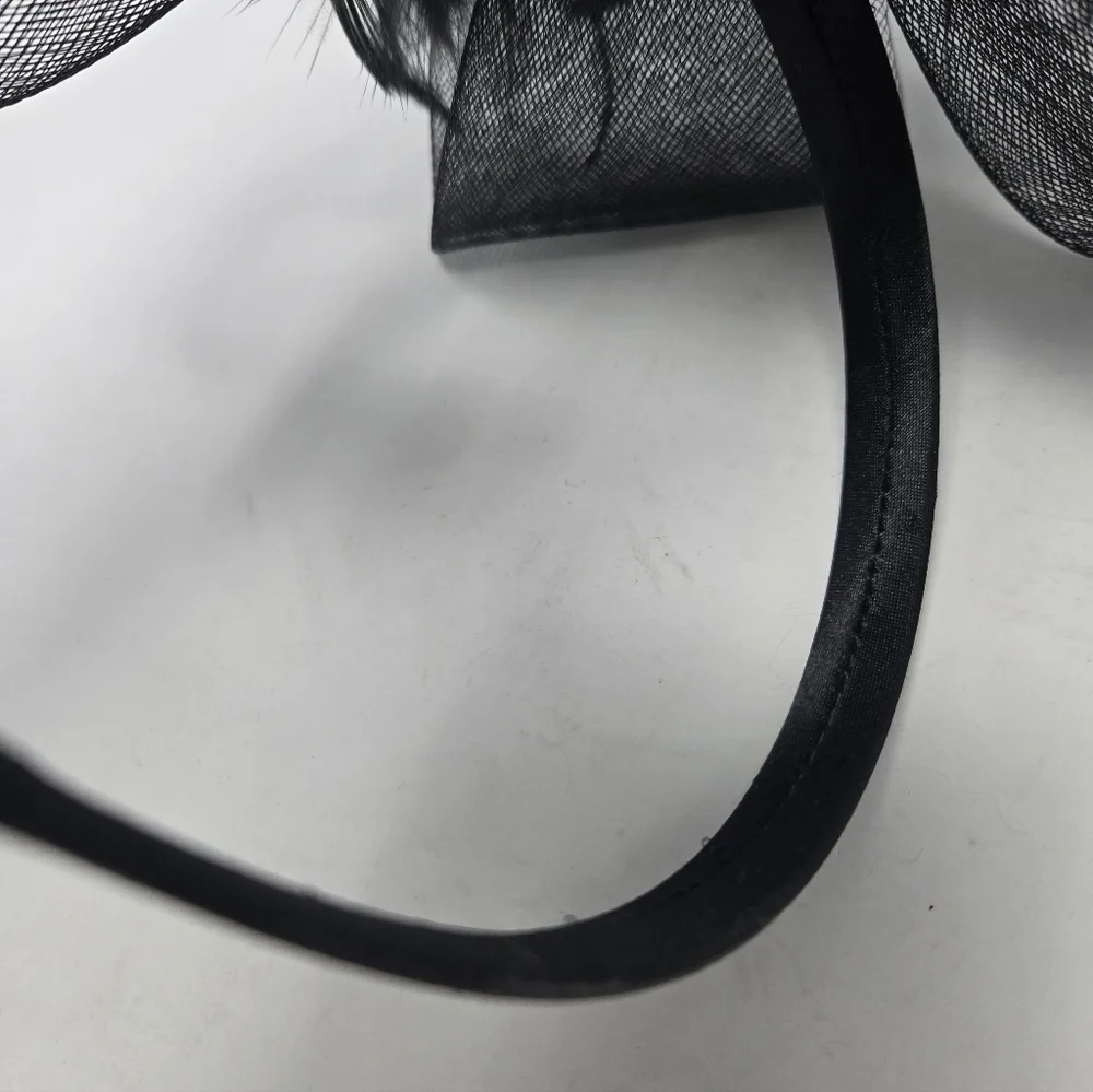 VINTAGE HANDMADE BLACK FASCINATOR HEADBAND HAIR ACCESSORY TULLE FEATHERS WOMEN